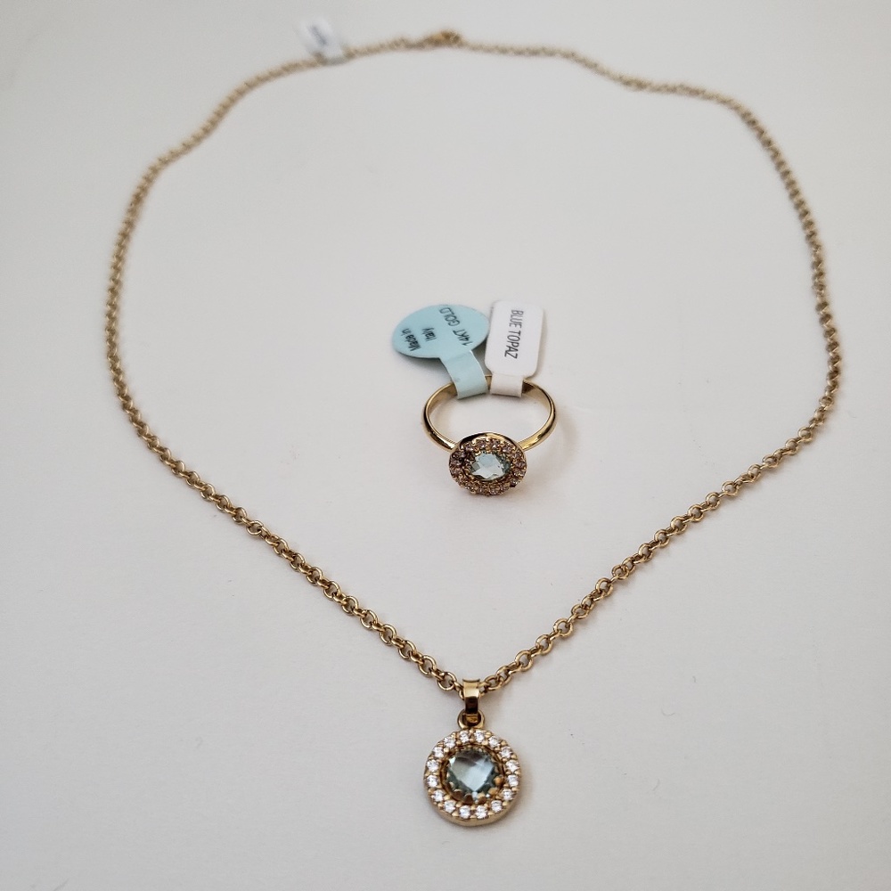 14K Solid Yellow Gold Made in Italy Blue Topaz Necklace & Ring 2PC Set S…
